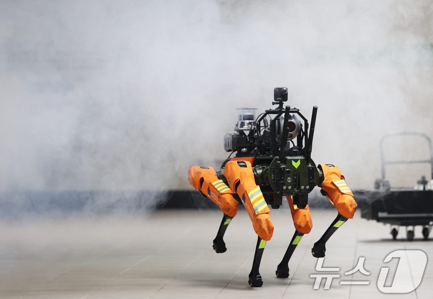 (서울=뉴스1) 오대일 기자 = 26일 오후 서울 은평구 서울소방학교 지하철훈련장에서 열린 서울소방재난본부 ‘미래형 재난대응 체계’ 공개 시연 행사에서 국내 최초 AI 사족보행 로 …