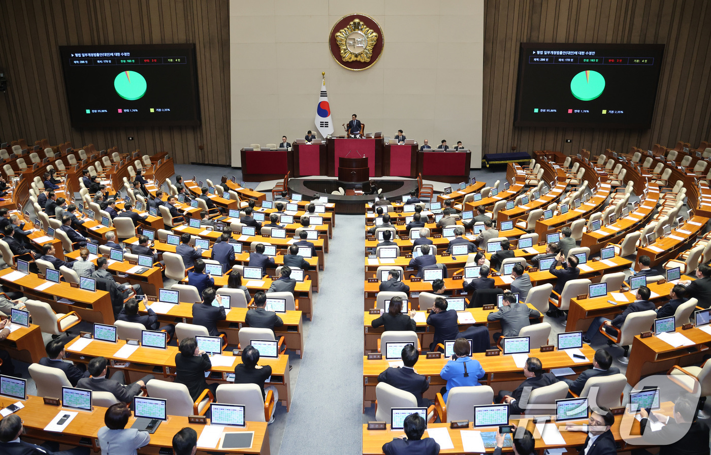 (서울=뉴스1) 신웅수 기자 = 26일 서울 여의도 국회에서 열린 제432회 국회(임시회) 제8차 본회의에서 일명 '법 왜곡죄법'인 형법 일부개정법률안(수정안)이 가결되고 있다. …