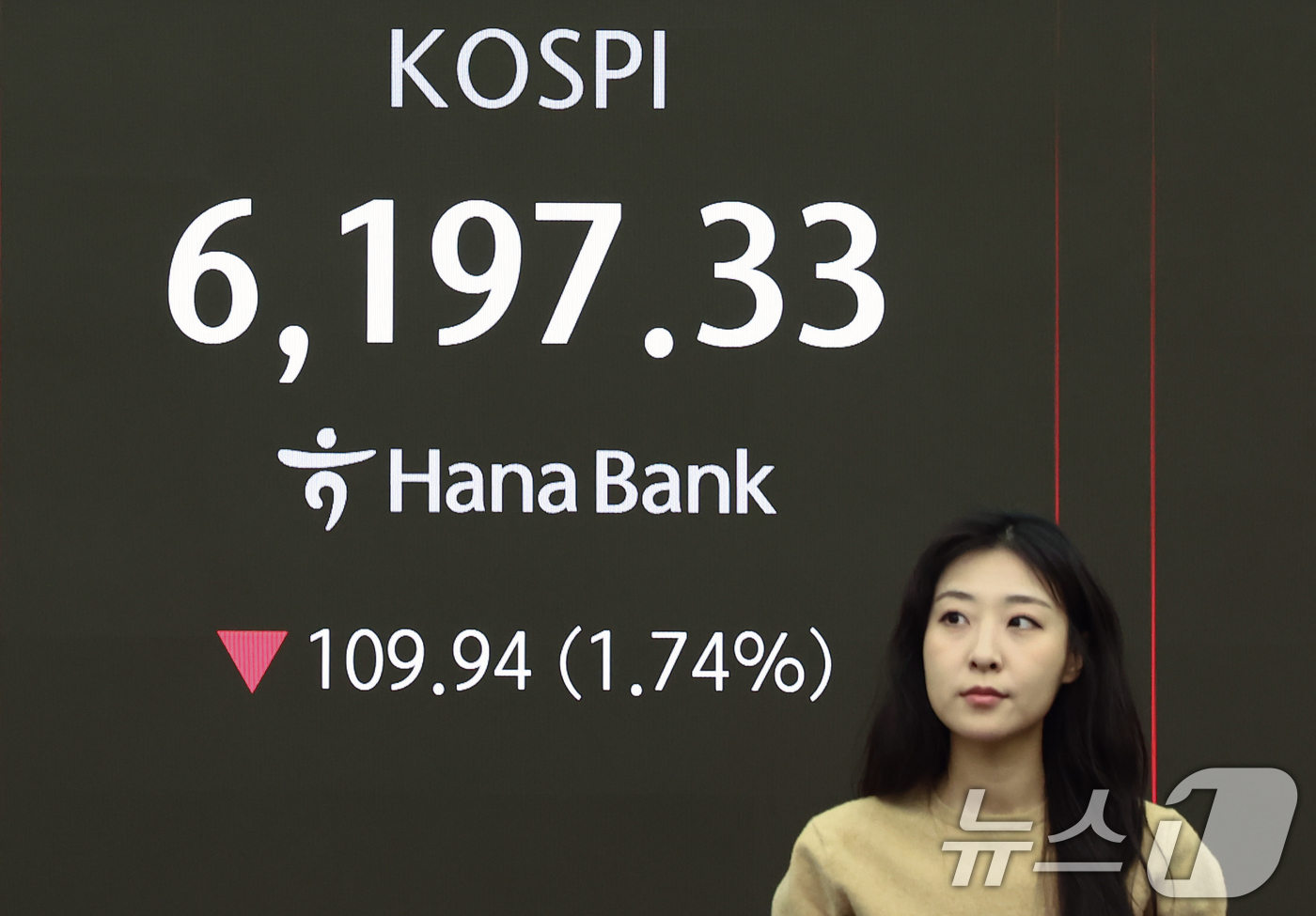 (서울=뉴스1) 김민지 기자 = 코스피가 미국 증시 약세에 하락 출발한 27일 오전 서울 중구 하나은행 본점 딜링룸 전광판에 코스피 지수가 나오고 있다.이날 코스피는 전 거래일(6 …