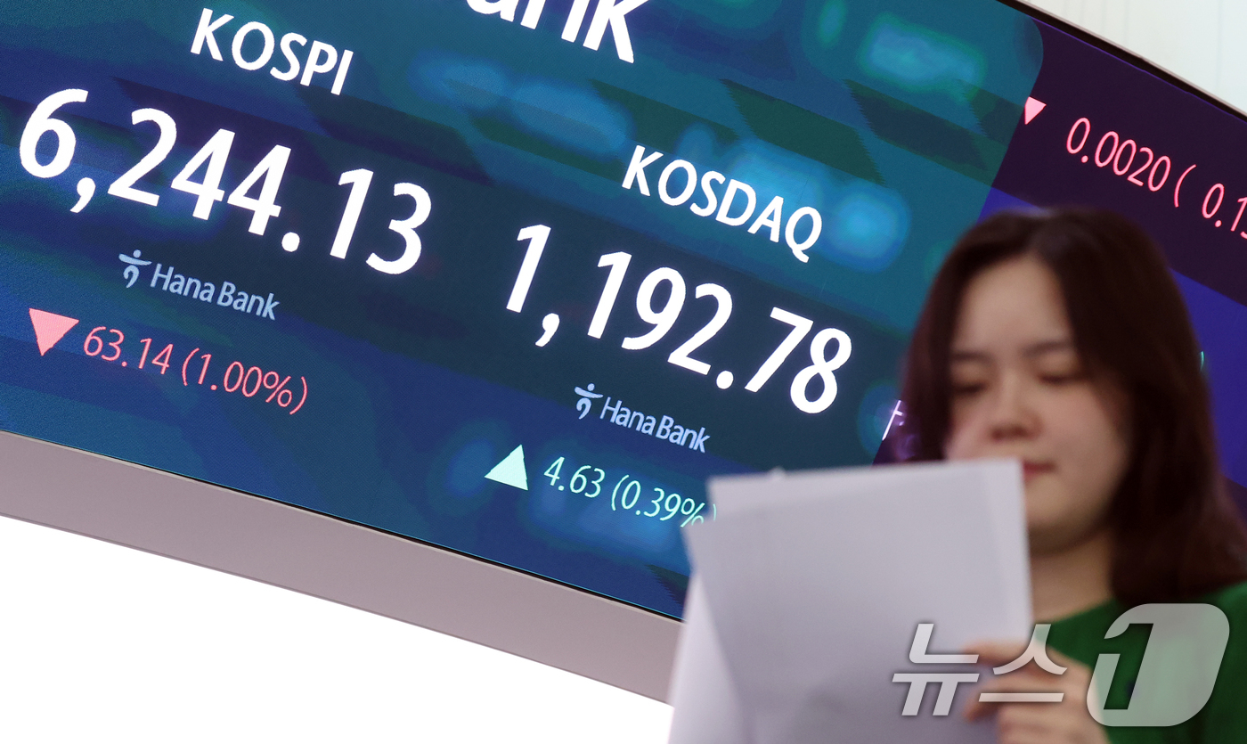 (서울=뉴스1) 김명섭 기자 = 27일 서울 중구 하나은행 본점 딜링룸 전광판에 증시 종가가 나타나고 있다. 이날 코스피지수는 전 거래일 대비 63.14포인트(1.00%) 하락한 …