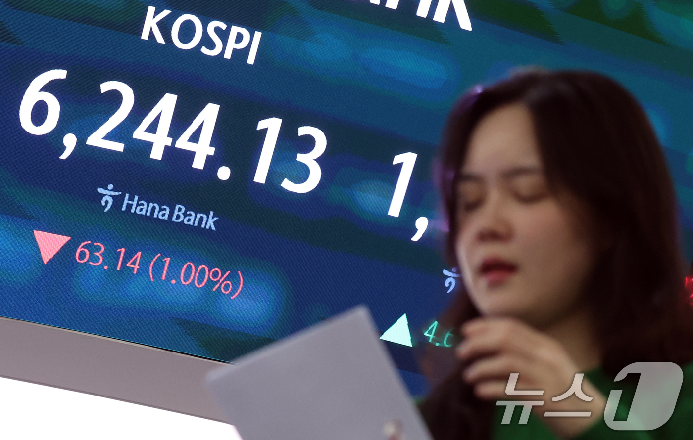 (서울=뉴스1) 김명섭 기자 = 27일 서울 중구 하나은행 본점 딜링룸 전광판에 증시 종가가 나타나고 있다. 이날 코스피지수는 전 거래일 대비 63.14포인트(1.00%) 하락한 …
