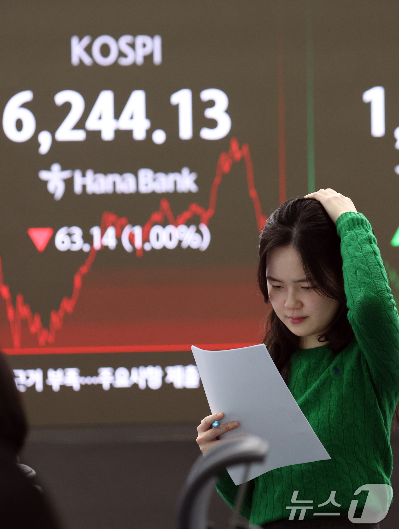 (서울=뉴스1) 김명섭 기자 = 27일 서울 중구 하나은행 본점 딜링룸 전광판에 증시 종가가 나타나고 있다. 이날 코스피지수는 전 거래일 대비 63.14포인트(1.00%) 하락한 …
