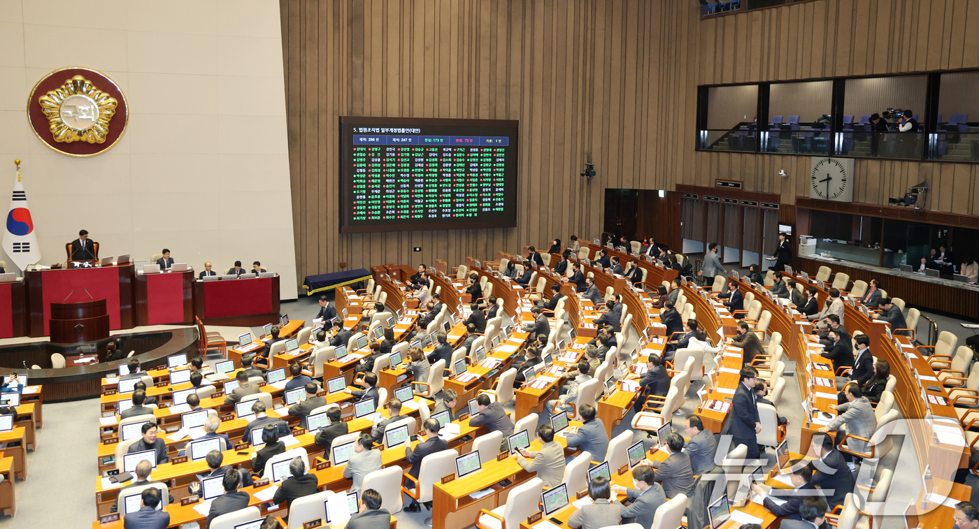 (서울=뉴스1) 이승배 기자 = 28일 서울 여의도 국회에서 열린 제432회 국회(임시회) 제8차 본회의에서 대법관 증원을 골자로 하는 법원조직법 일부개정법률안(대안)이 찬성 17 …