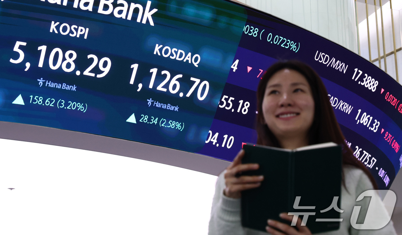 (서울=뉴스1) 최지환 기자 = 코스피가 장중 5000선을 회복한 3일 오전 서울 중구 하나은행 본점 딜링룸 전광판에 증시 현황이 표시되어 있다. 2026.2.3/뉴스1