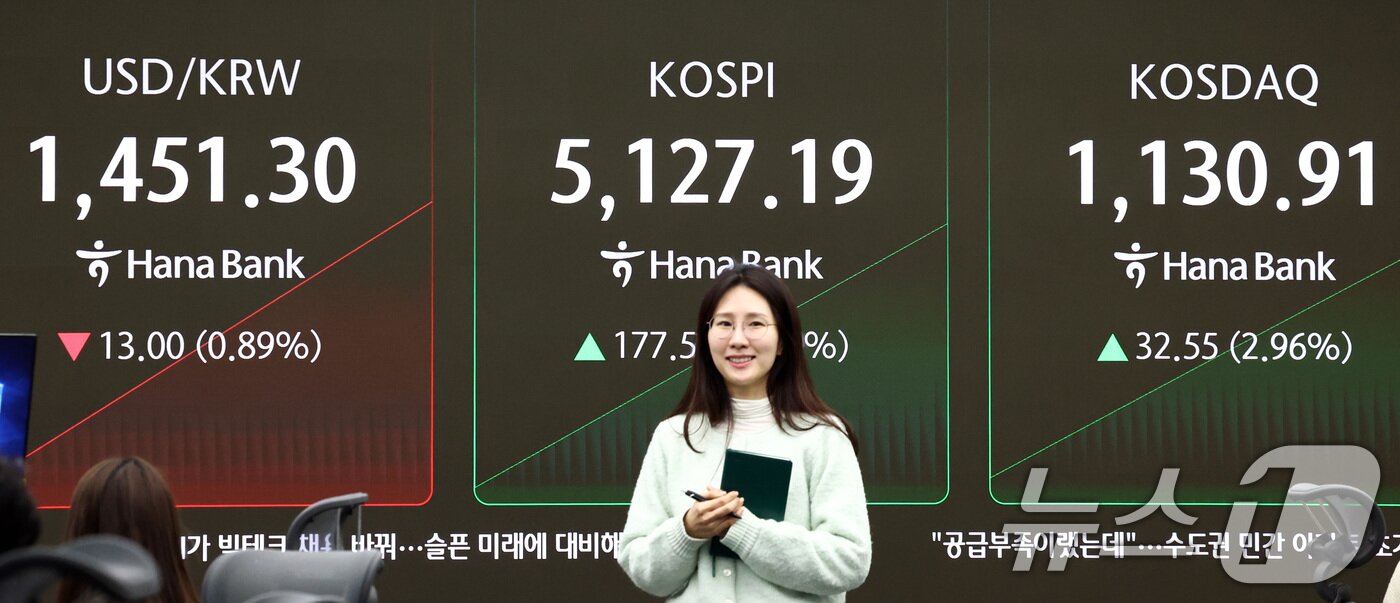 본문 이미지 - 코스피가 장중 5000선을 회복한 3일 오전 서울 중구 하나은행 본점 딜링룸 전광판에 증시 현황이 표시되어 있다. 2026.2.3/뉴스1 ⓒ News1 최지환 기자