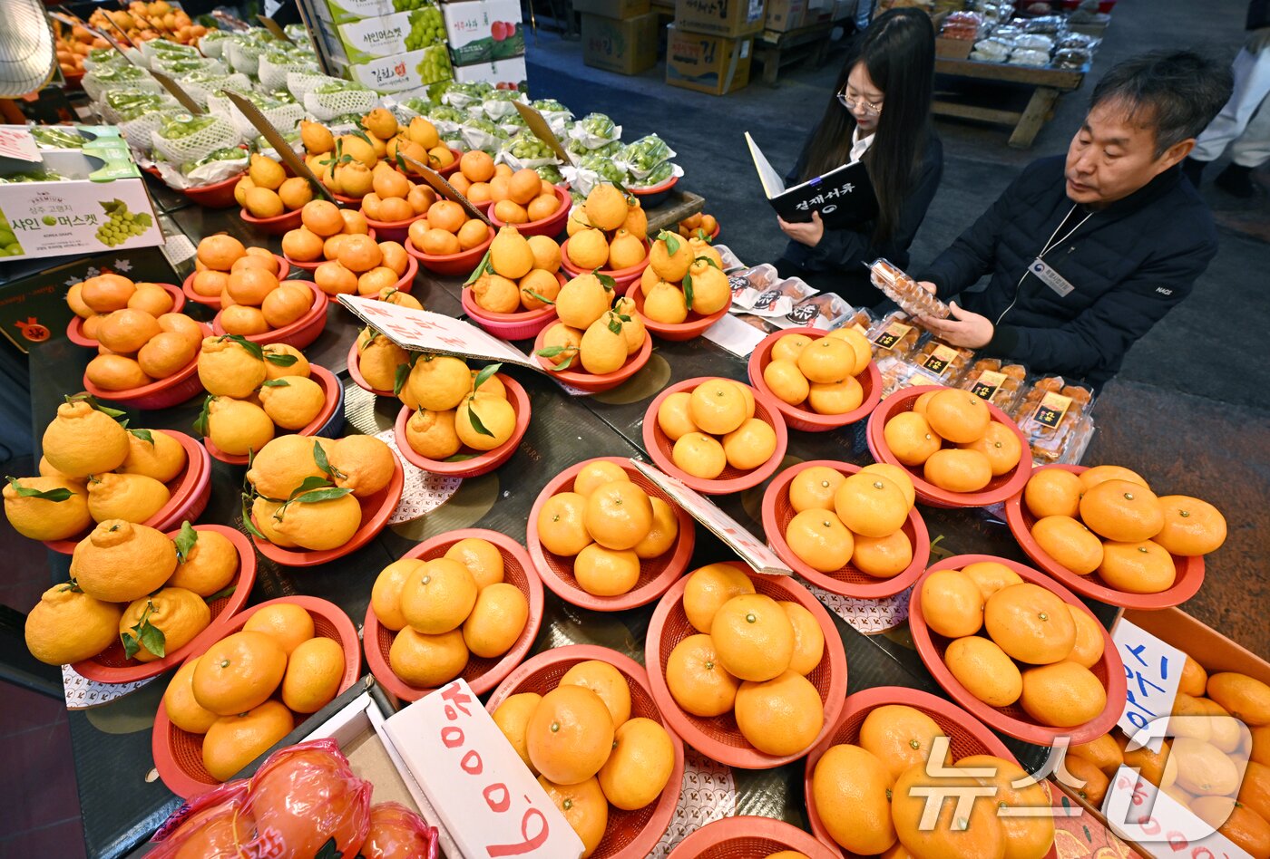 본문 이미지 - 민족 대명절 설을 2주 앞둔 3일 경기 수원시 팔달구 못골시장에서 국립농산물품질관리원 경기지원 수원사무소 관계자들이 설을 앞두고 원산지 표시 점검을 하고 있다. (공동취재) 2026.2.3/뉴스1 ⓒ News1 김영운 기자