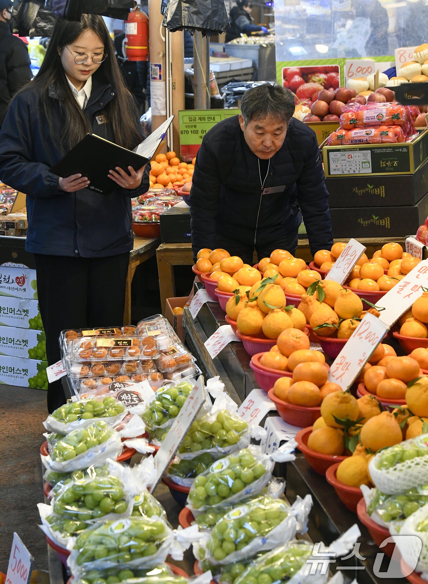 본문 이미지 - 민족 대명절 설을 2주 앞둔 3일 경기 수원시 팔달구 못골시장에서 국립농산물품질관리원 경기지원 수원사무소 관계자들이 설을 앞두고 원산지 표시 점검을 하고 있다. (공동취재) 2026.2.3/뉴스1 ⓒ News1 김영운 기자