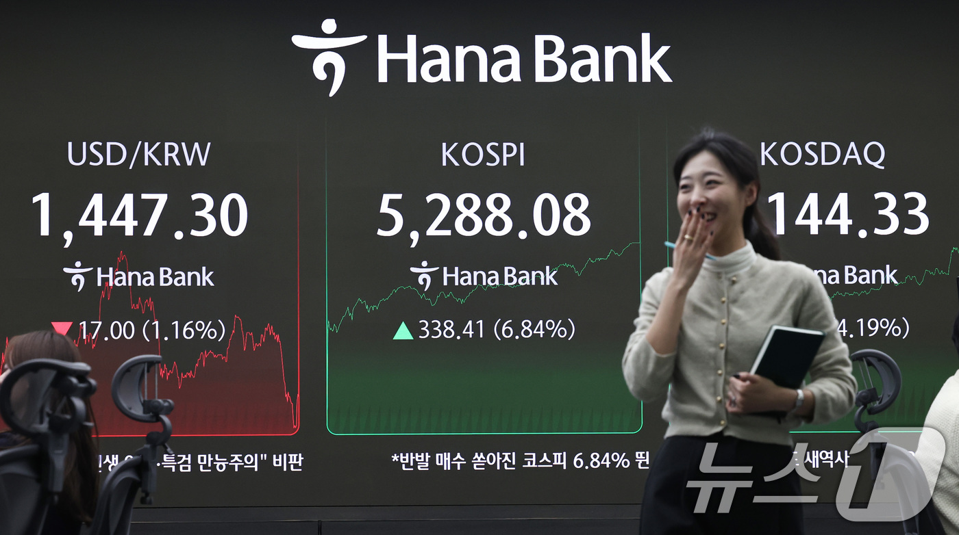 (서울=뉴스1) 구윤성 기자 = 코스피가 종가 기준 최고치를 경신한 3일 오후 서울 중구 하나은행 본점 딜링룸 전광판에 코스피지수가 전일대비 338.41포인트(6.84%) 오른 5 …