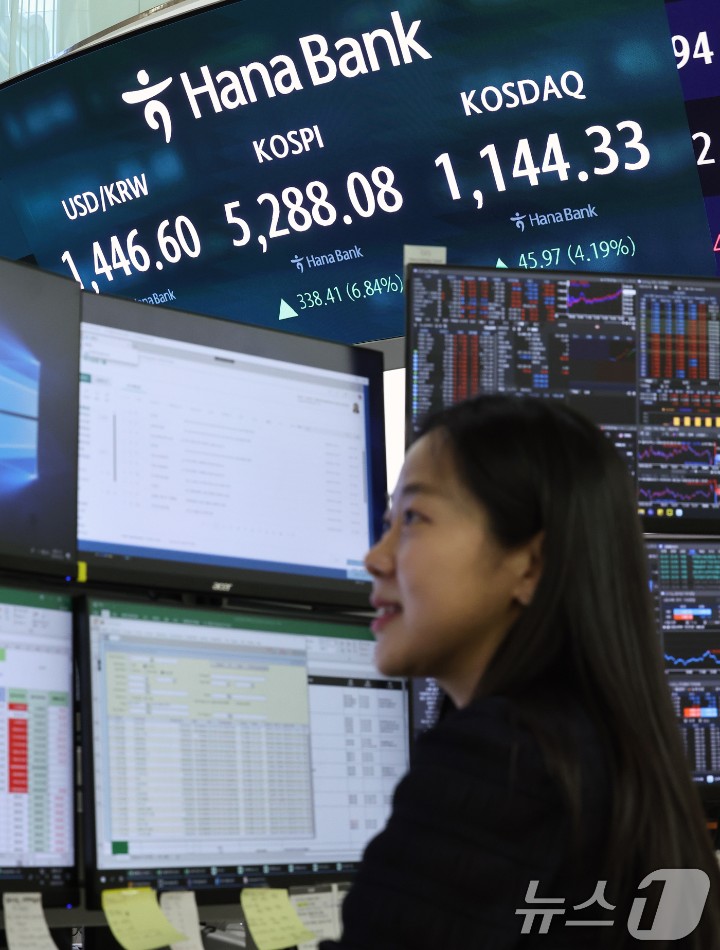 (서울=뉴스1) 구윤성 기자 = 코스피가 종가 기준 최고치를 경신한 3일 오후 서울 중구 하나은행 본점 딜링룸 전광판에 코스피지수가 전일대비 338.41포인트(6.84%) 오른 5 …