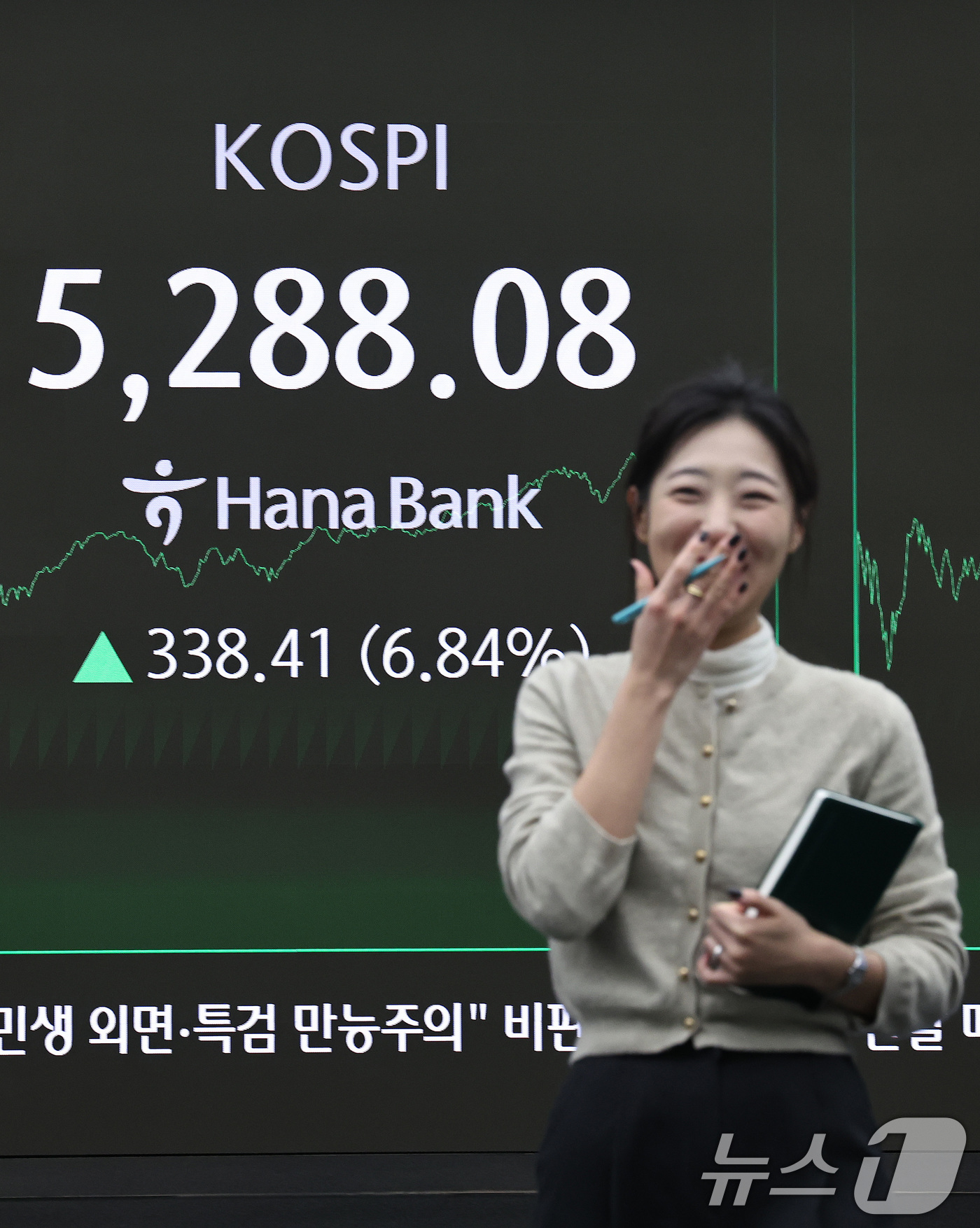(서울=뉴스1) 구윤성 기자 = 코스피가 종가 기준 최고치를 경신한 3일 오후 서울 중구 하나은행 본점 딜링룸 전광판에 코스피지수가 전일대비 338.41포인트(6.84%) 오른 5 …