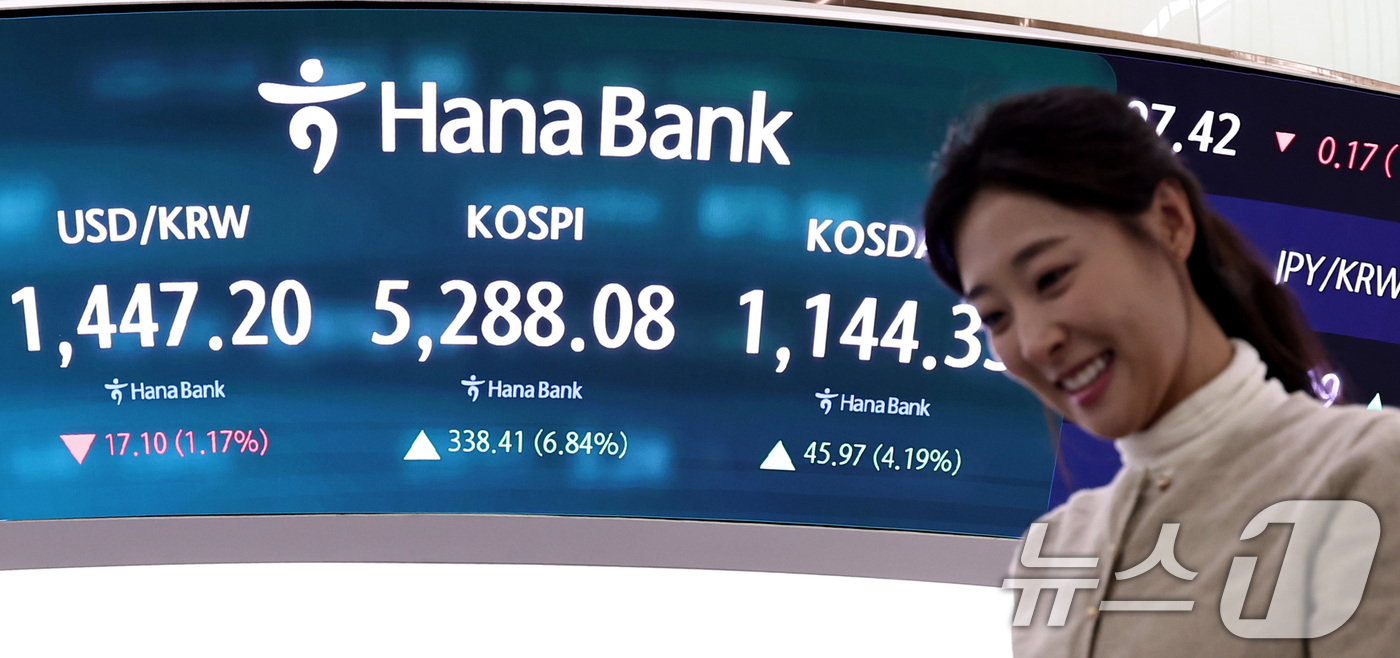 (서울=뉴스1) 구윤성 기자 = 코스피가 종가 기준 최고치를 경신한 3일 오후 서울 중구 하나은행 본점 딜링룸 전광판에 코스피지수가 전일대비 338.41포인트(6.84%) 오른 5 …