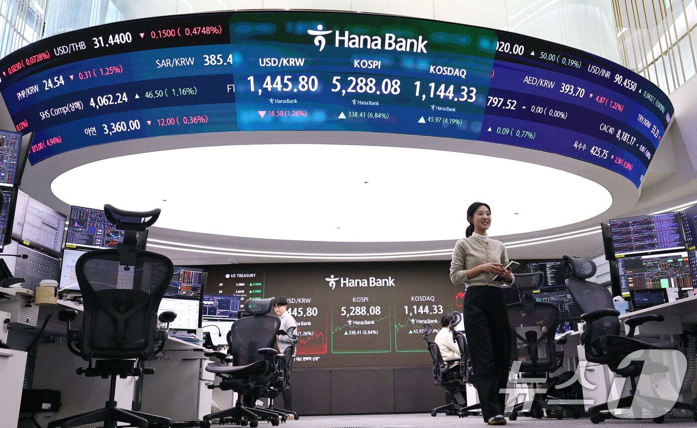 본문 이미지 - 코스피가 종가 기준 최고치를 경신한 3일 오후 서울 중구 하나은행 본점 딜링룸 전광판에 코스피지수가 전일대비 338.41포인트(6.84%) 오른 5,288.08을 나타내고 있다. 2026.2.3/뉴스1 ⓒ News1 구윤성 기자