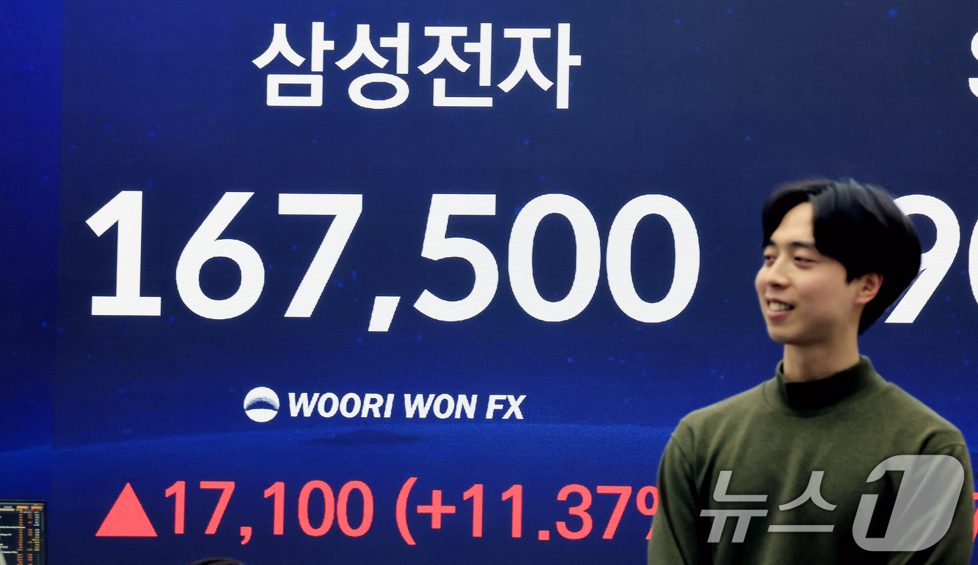 (서울=뉴스1) 이호윤 기자 = 3일 서울 중구 우리은행 본점 딜링룸 전광판에 삼성전자 종가가 표시되고 있다. 이날 삼성전자 주가는 전 거래일 대비 17,100원(11.37%) 상 …