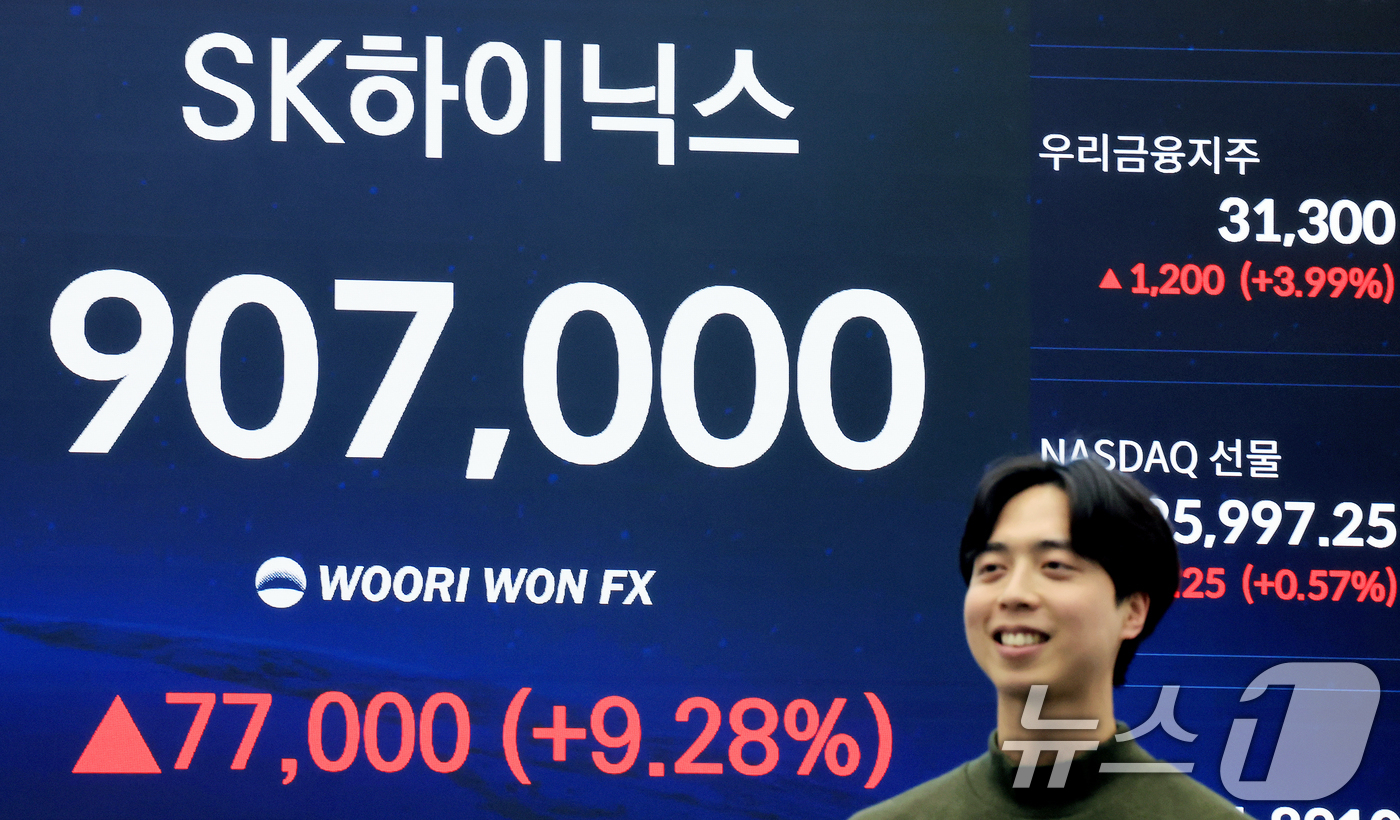 (서울=뉴스1) 이호윤 기자 = 3일 서울 중구 우리은행 본점 딜링룸 전광판에 종가가 표시되고 있다. 이날 SK하이닉스는 전거래일 대비 77,000원(9.28%) 상승한 907,0 …