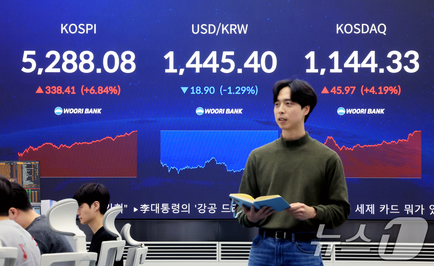 (서울=뉴스1) 이호윤 기자 = 3일 서울 중구 우리은행 본점 딜링룸 전광판에 종가가 표시되고 있다. 이날 코스피는 전 거래일 대비 338.41p(6.84%) 상승한 5288.08 …