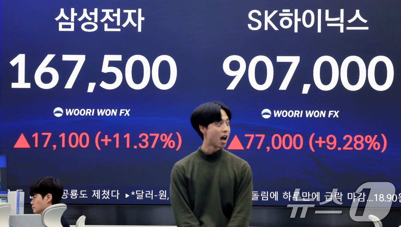 본문 이미지 - 3일 서울 중구 우리은행 본점 딜링룸 전광판에 종가가 표시되고 있다. 이날 코스피는 전 거래일 대비 338.41p(6.84%) 상승한 5288.08에 SK하이닉스는 77,000원(9.28%) 상승한 907,000원에 삼성전자는 17,100원(11.37%) 상승한 167,500원에 마감했다. 2026.2.3/뉴스1 ⓒ News1 이호윤 기자