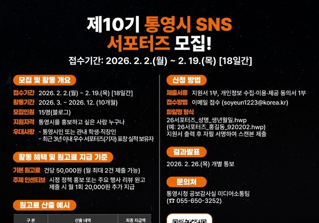 통영시, SNS 서포터즈 모집…월 최대 12만원 지원