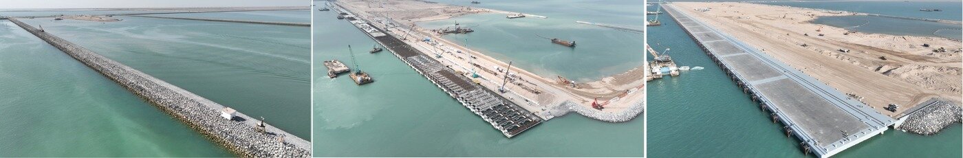 본문 이미지 - 이라크 알포 신항만 컨테이너터미널 안벽공사 현장의 연약지반 처리 및 매립공사가 진행된 모습(대우건설 제공).뉴스1 ⓒ News1