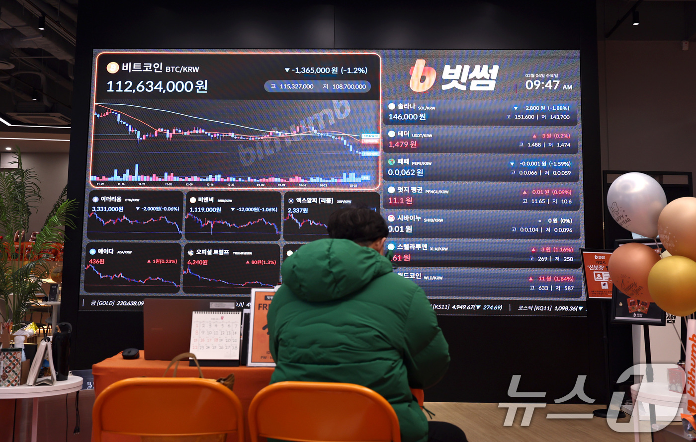 (서울=뉴스1) 구윤성 기자 = 4일 오전 서울 서초구 빗썸라운지 강남본점 현황판에 비트코인과 이더리움 등 암호화폐(가상화폐) 거래 가격이 표시되고 있다.미국 항공모함에 접근한 이 …
