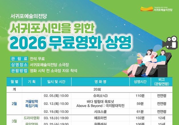 서귀포예술의 전당, 2~10월 무료영화 상영회 운영