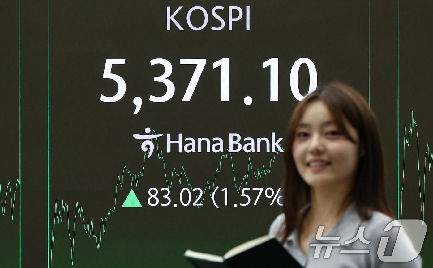 (서울=뉴스1) 김도우 기자 = 4일 서울 중구 하나은행 본점 딜링룸 전광판에 종가가 표시되고 있다.이날 코스피는 전 거래일 대비 83.02포인트(1.57%) 오른 5371.10, …