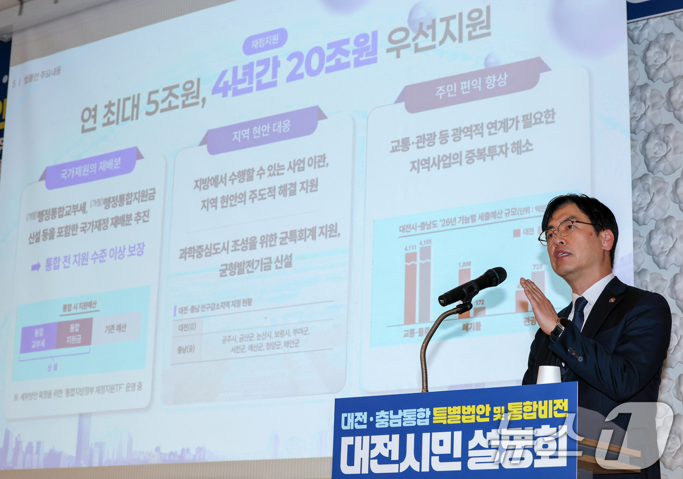 (대전=뉴스1) 김기태 기자 = 김민재 행정안전부 차관이 4일 오후 대전 서구 KW컨벤션에서 열린 대전·충남 특별법안 및 통합비전 설명회에서 행정통합 관련 설명하고 있다.  202 …