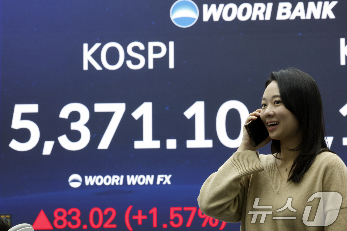 (서울=뉴스1) 박정호 기자 = 4일 오후 서울 중구 우리은행 본점 딜링룸 전광판에 코스피 지수가 표시되고 있다.이날 코스피는 전 거래일 대비 83.02포인트(1.57%) 오른53 …