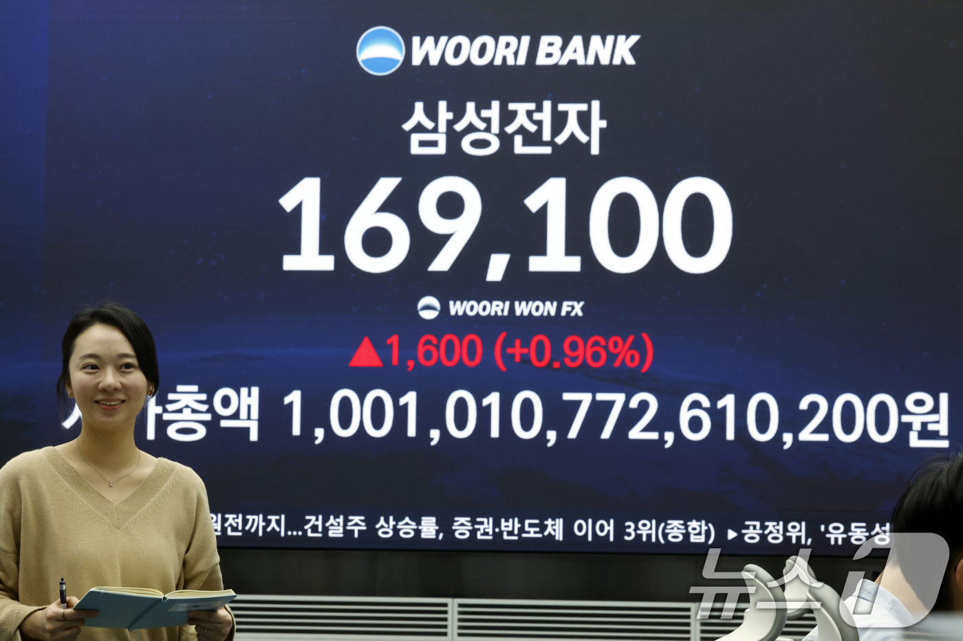 (서울=뉴스1) 박정호 기자 = 4일 오후 서울 중구 우리은행 본점 딜링룸 전광판에 삼성전자 종가가 표시되고 있다.이날 코스피는 전 거래일 대비 83.02포인트(1.57%) 오른5 …