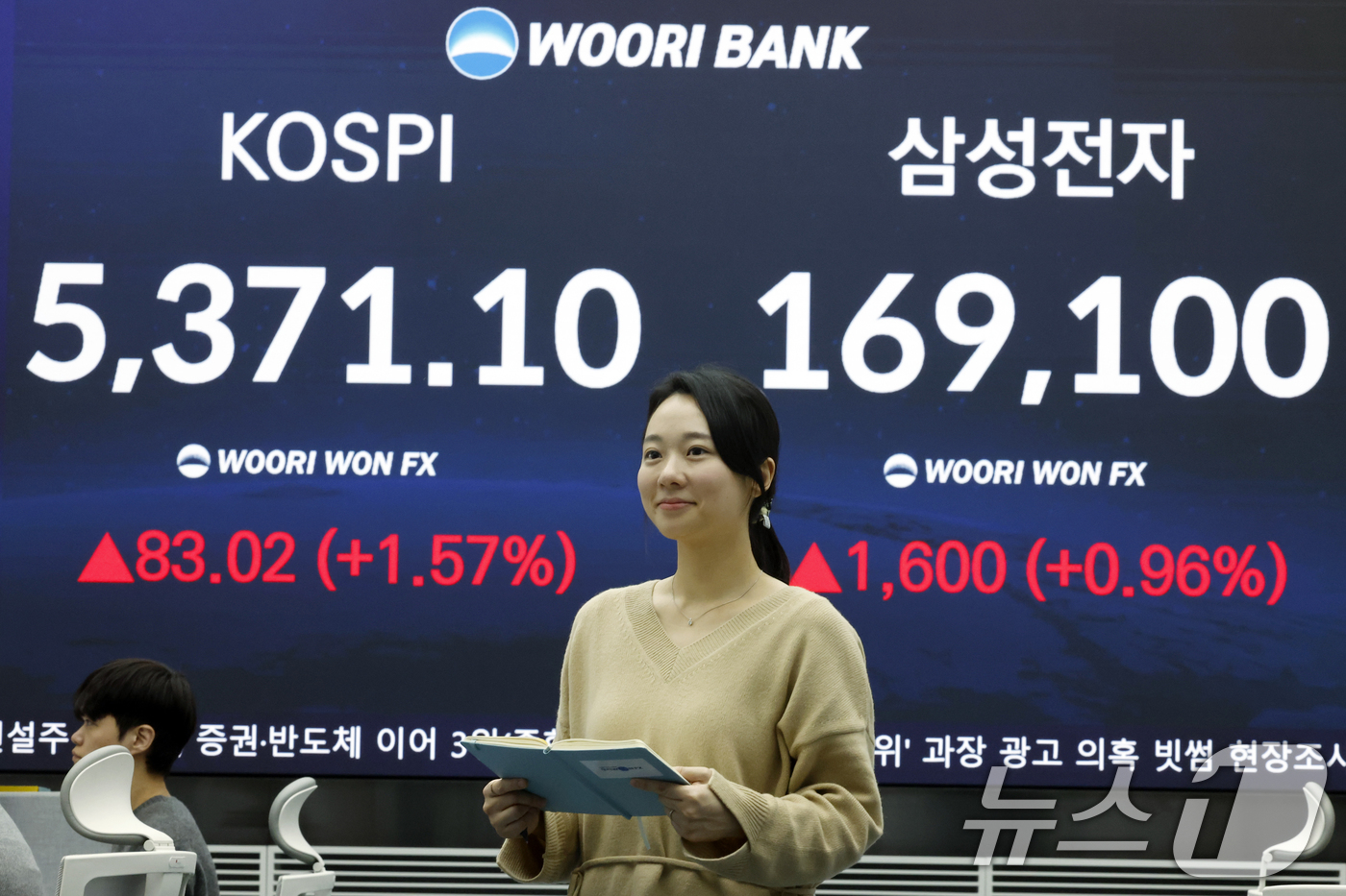 (서울=뉴스1) 박정호 기자 = 4일 오후 서울 중구 우리은행 본점 딜링룸 전광판에 삼성전자 종가가 표시되고 있다.이날 코스피는 전 거래일 대비 83.02포인트(1.57%) 오른5 …