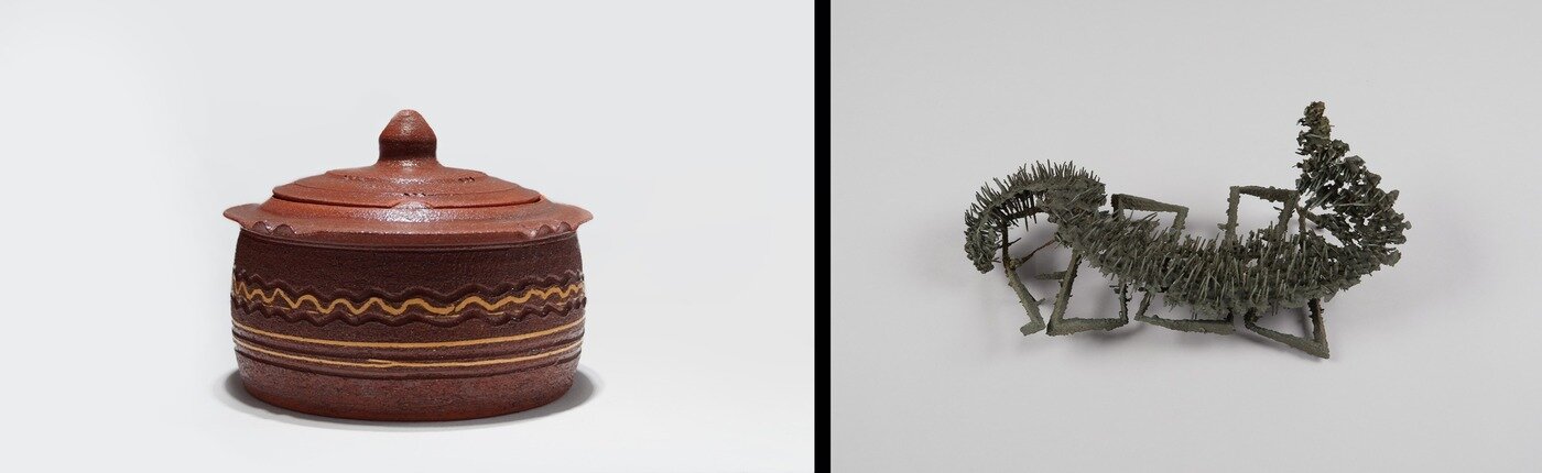 본문 이미지 - 조정현_가을을 보내며_2015_옹기점토 1150C 상감기법 물레성형_지름16&times;11cm(왼쪽)과 최기원_작품_1960_청동_16&times;51&times;24cm_조문자기증. (김달진미술자료박물관 제공)