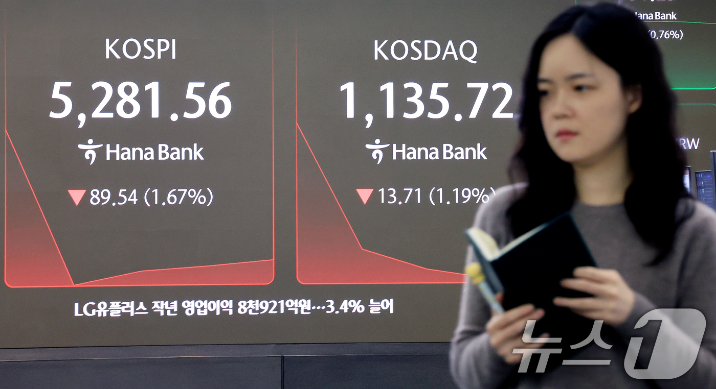 (서울=뉴스1) 이호윤 기자 = 5일 서울 중구 하나은행 딜링룸 전광판에 코스피 시황이 표시되고 있다. 이날 코스피는 미국 반도체주 급락 여파로 하락 출발했다. 2026.2.5/뉴 …