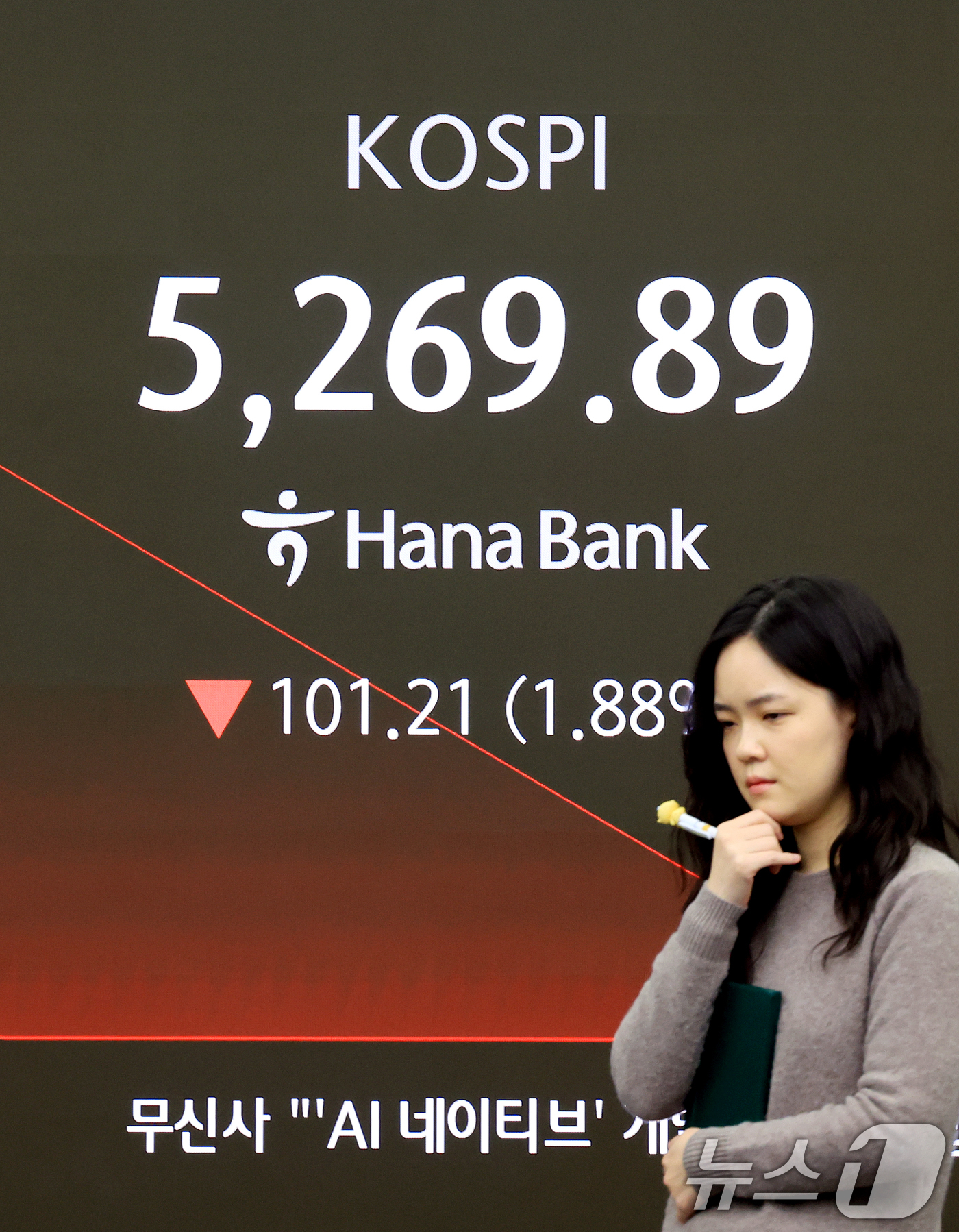 (서울=뉴스1) 이호윤 기자 = 코스피가 미국 기술주의 약세 영향을 받아 하락세로 출발한 5일 서울 중구 하나은행 딜링룸 전광판에 코스피 시황이 표시되고 있다. 2026.2.5/뉴 …