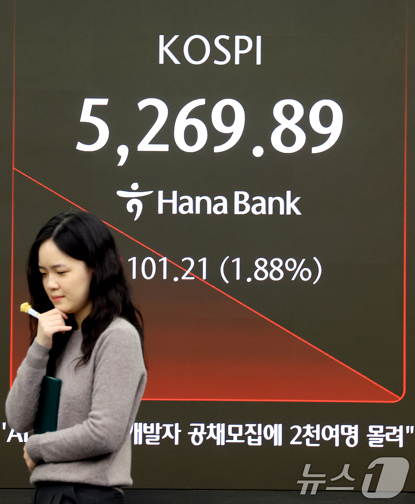 (서울=뉴스1) 이호윤 기자 = 코스피가 미국 기술주의 약세 영향을 받아 하락세로 출발한 5일 서울 중구 하나은행 딜링룸 전광판에 코스피 시황이 표시되고 있다. 2026.2.5/뉴 …