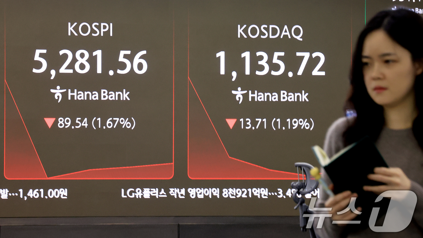 (서울=뉴스1) 이호윤 기자 = 코스피가 미국 기술주의 약세 영향을 받아 하락세로 출발한 5일 서울 중구 하나은행 딜링룸 전광판에 코스피 시황이 표시되고 있다. 2026.2.5/뉴 …