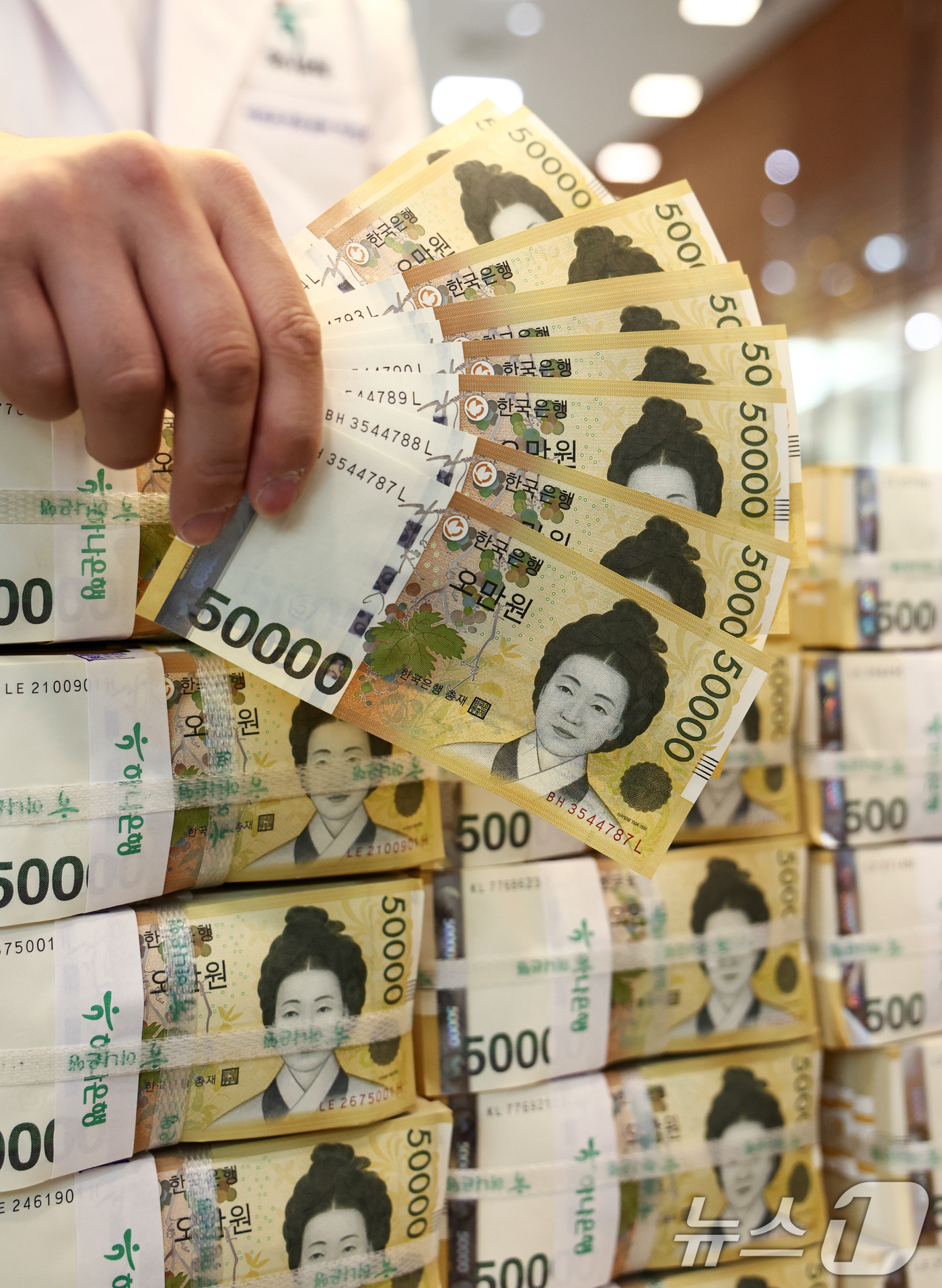 (서울=뉴스1) 최지환 기자 = 5일 서울 중구 하나은행 위변조센터에서 직원이 5만원권을 정리하고 있다.한국은행 경제통계시스템에 따르면 2025년 말 기준 화폐발행잔액은 210조6 …