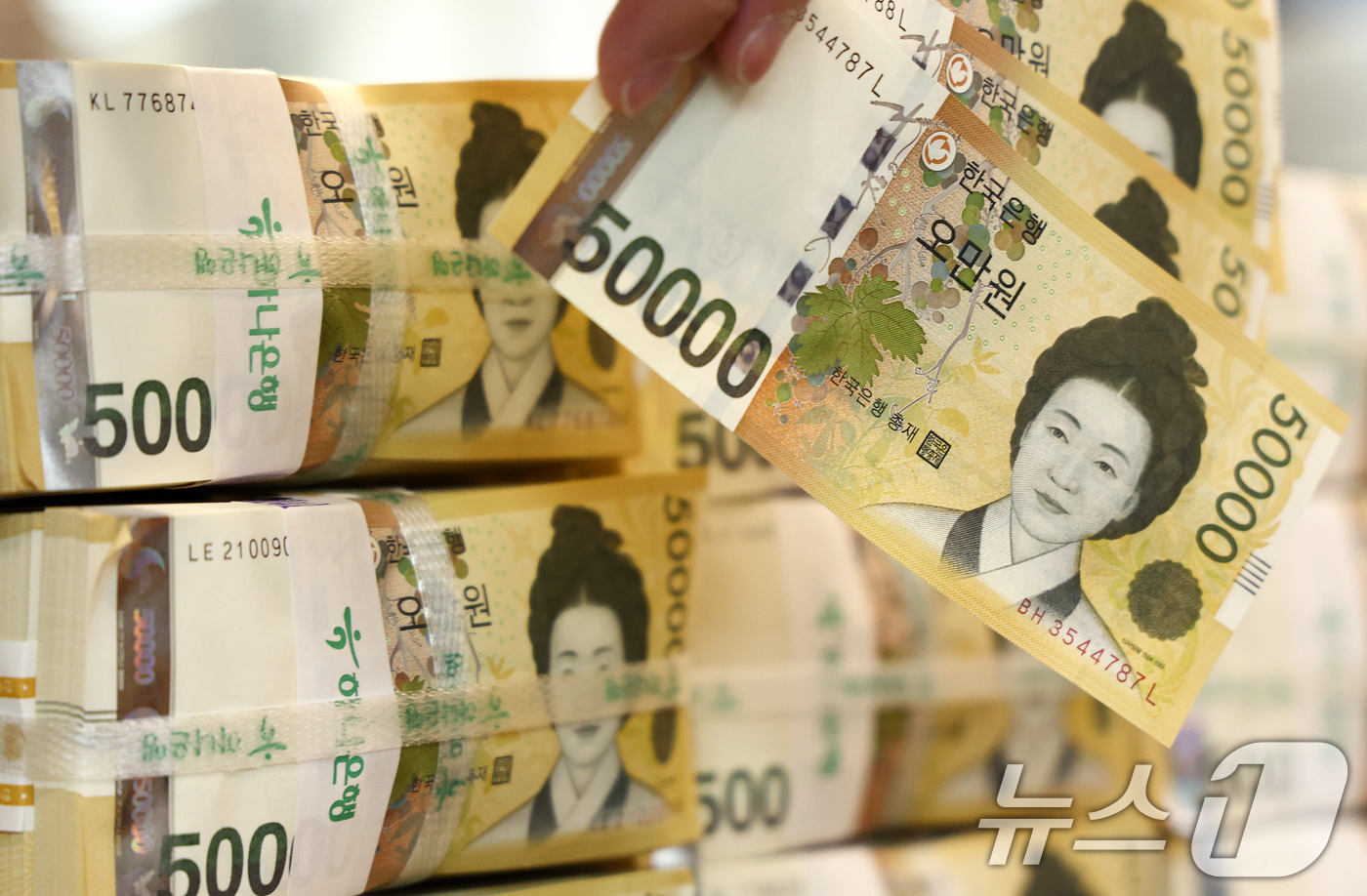 (서울=뉴스1) 최지환 기자 = 5일 서울 중구 하나은행 위변조센터에서 직원이 5만원권을 정리하고 있다.한국은행 경제통계시스템에 따르면 2025년 말 기준 화폐발행잔액은 210조6 …