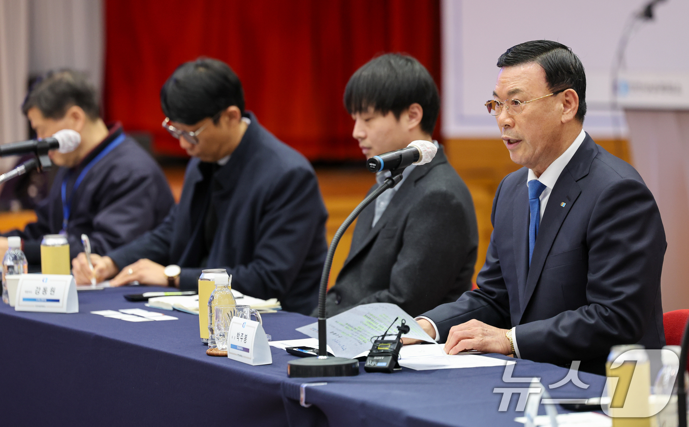 (인천=뉴스1) 안은나 기자 = 박주봉 인천상공회의소 회장이 5일 남동구 인천상의에서 열린 '대한민국 경제대도약을 위한 혁신기업 간담회'에 참석해 인사말을 하고 있다. 2026.2 …