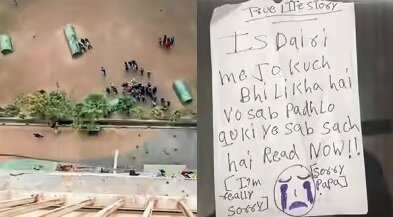 본문 이미지 - 투신 현장과 인도 소녀가 남긴 메모(타임스오브인디아 갈무리) 