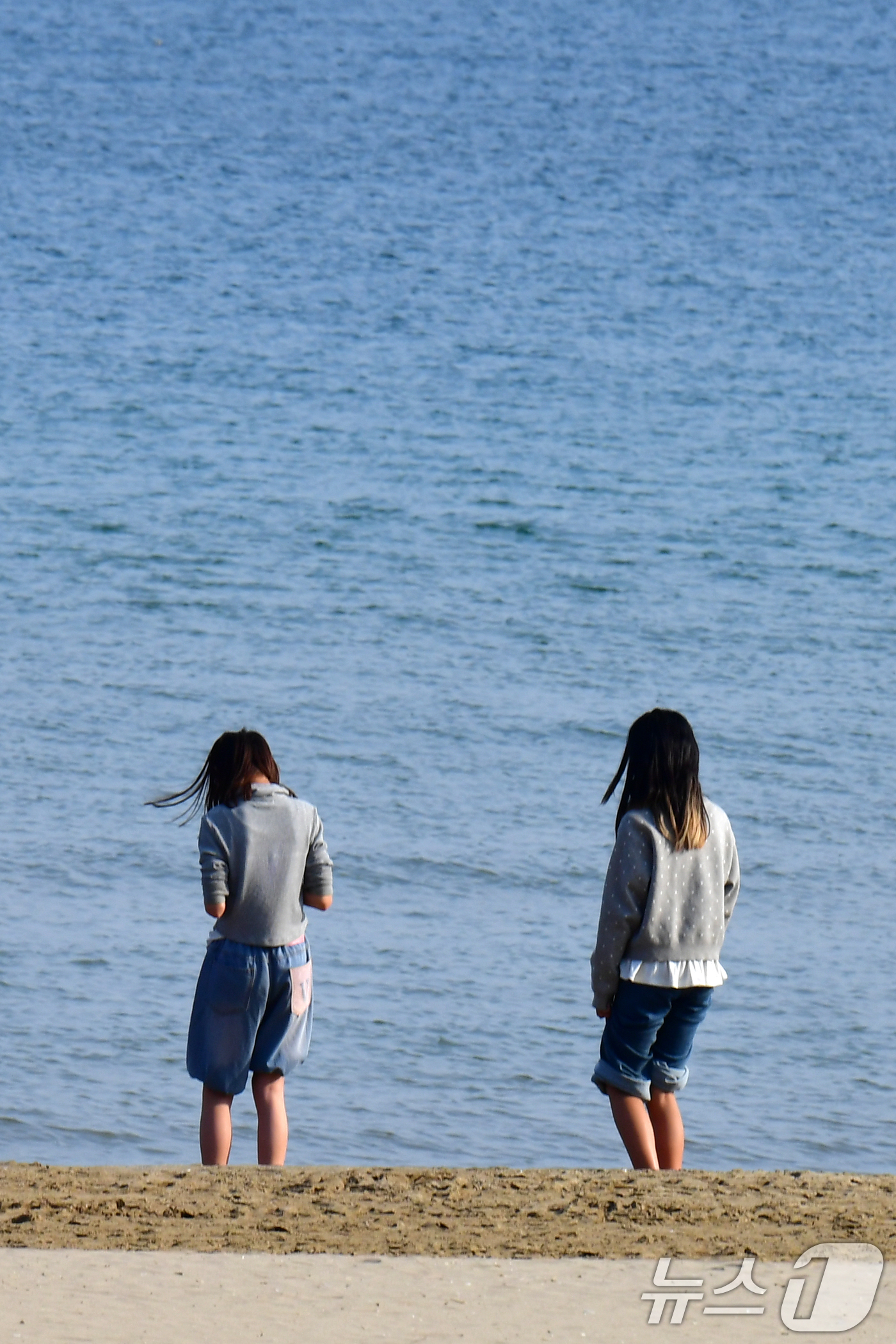 (포항=뉴스1) 최창호 기자 = 5일 오후 경북 포항시의 낮 기온이 14도까지 올라가자 가벼운 옷차림의 청소년들이 영일대해수욕장 바닷물에 발을 담그고 있다. 2026.2.5/뉴스1 …