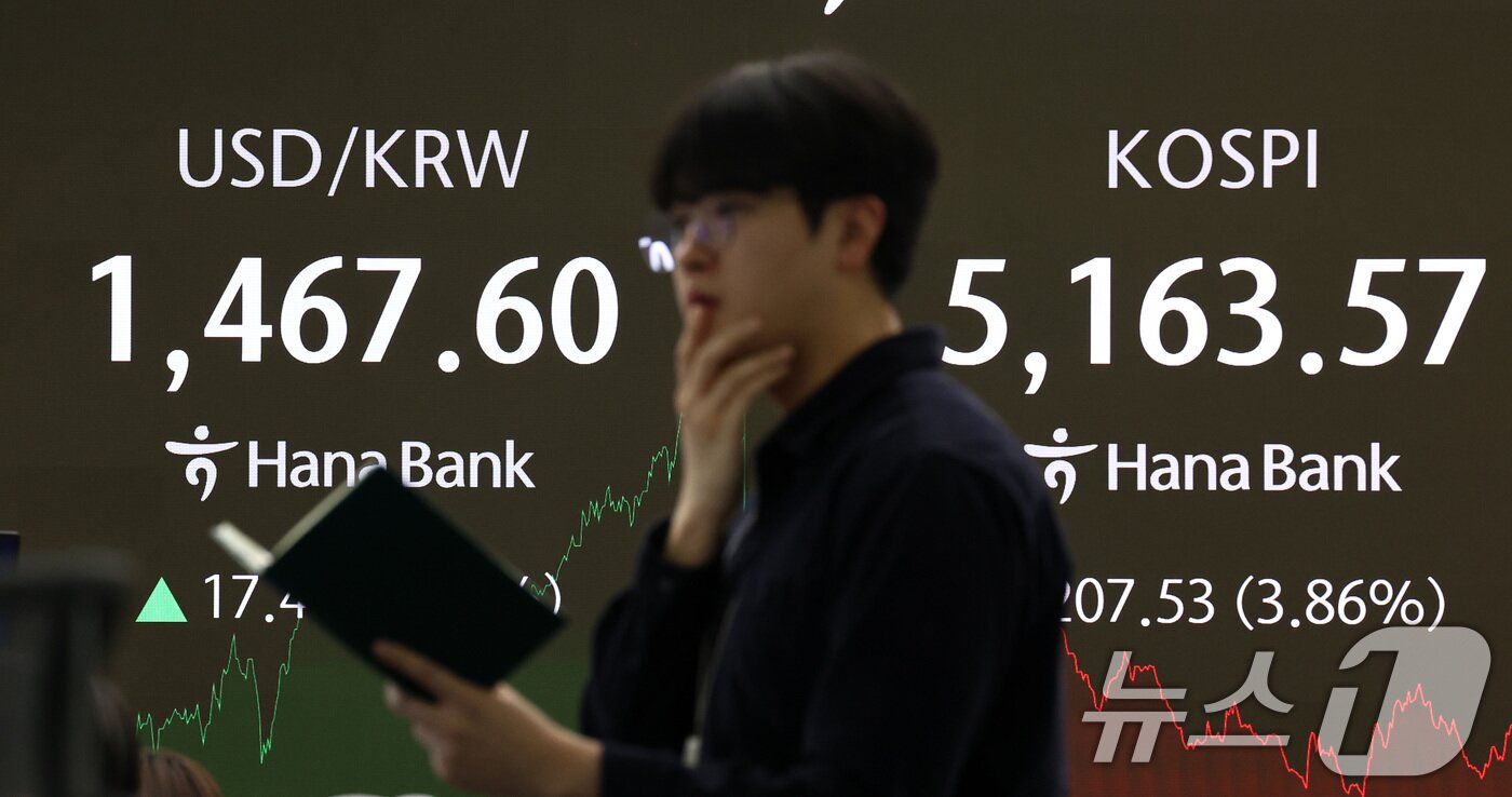 본문 이미지 - 5일 서울 중구 하나은행 본점 딜링룸 전광판에 코스피 종가가 표시되어 있다.  2026.2.5/뉴스1 ⓒ News1 최지환 기자
