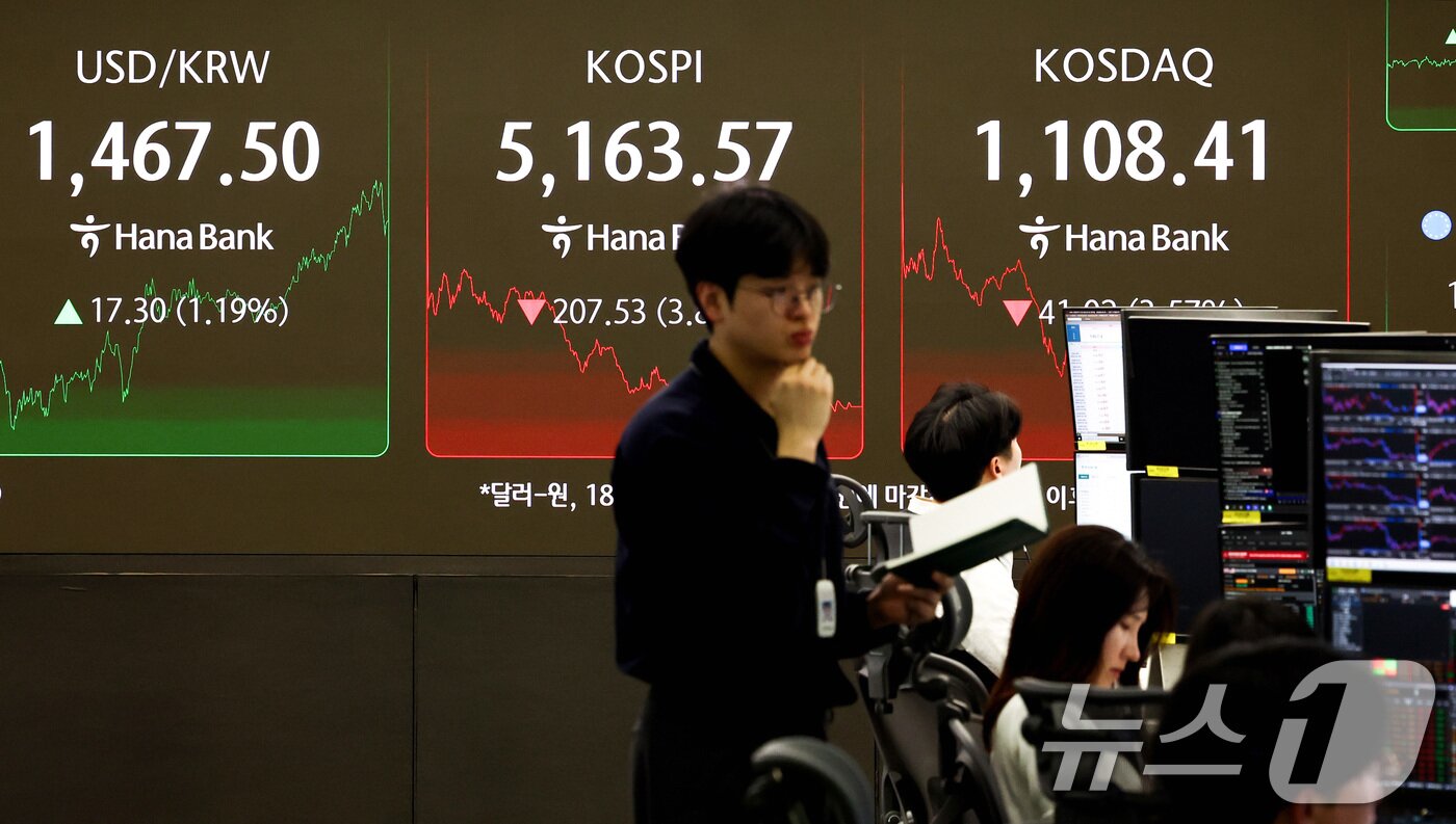 본문 이미지 - 5일 서울 중구 하나은행 본점 딜링룸 전광판에 코스피 종가가 표시되어 있다.  2026.2.5/뉴스1 ⓒ News1 최지환 기자