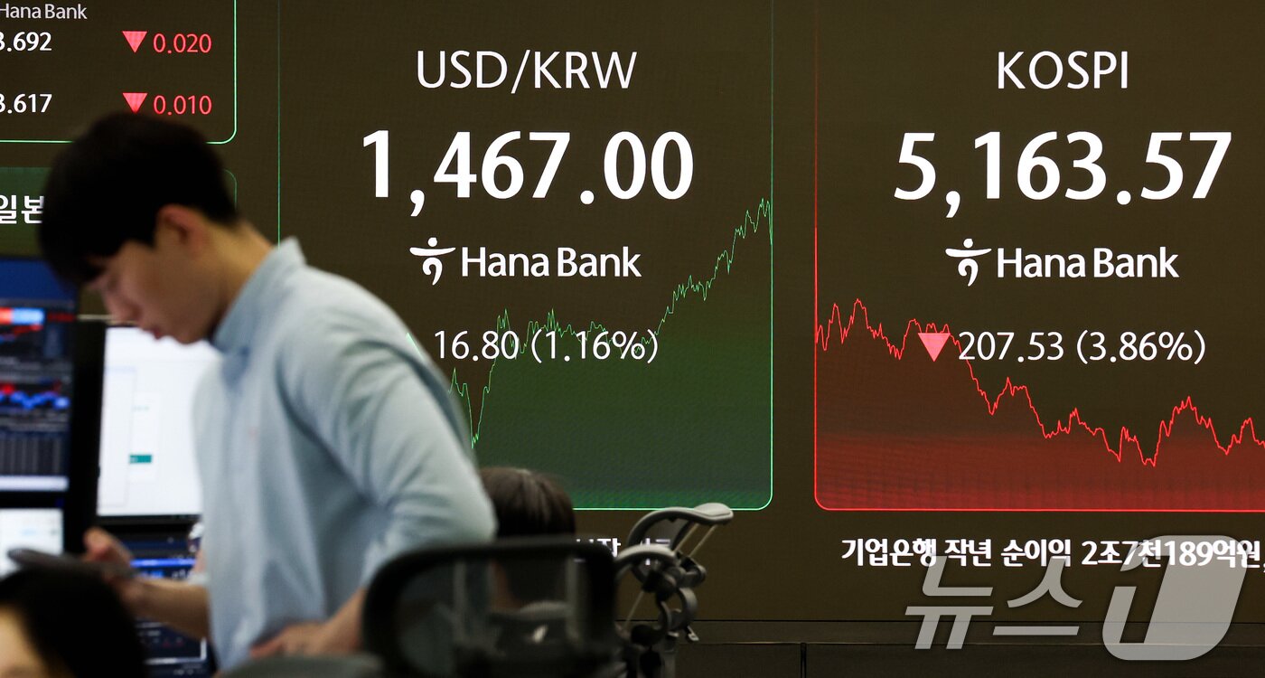 본문 이미지 - 5일 서울 중구 하나은행 본점 딜링룸 전광판에 코스피 종가가 표시되어 있다. 2026.2.5/뉴스1 ⓒ News1 최지환 기자