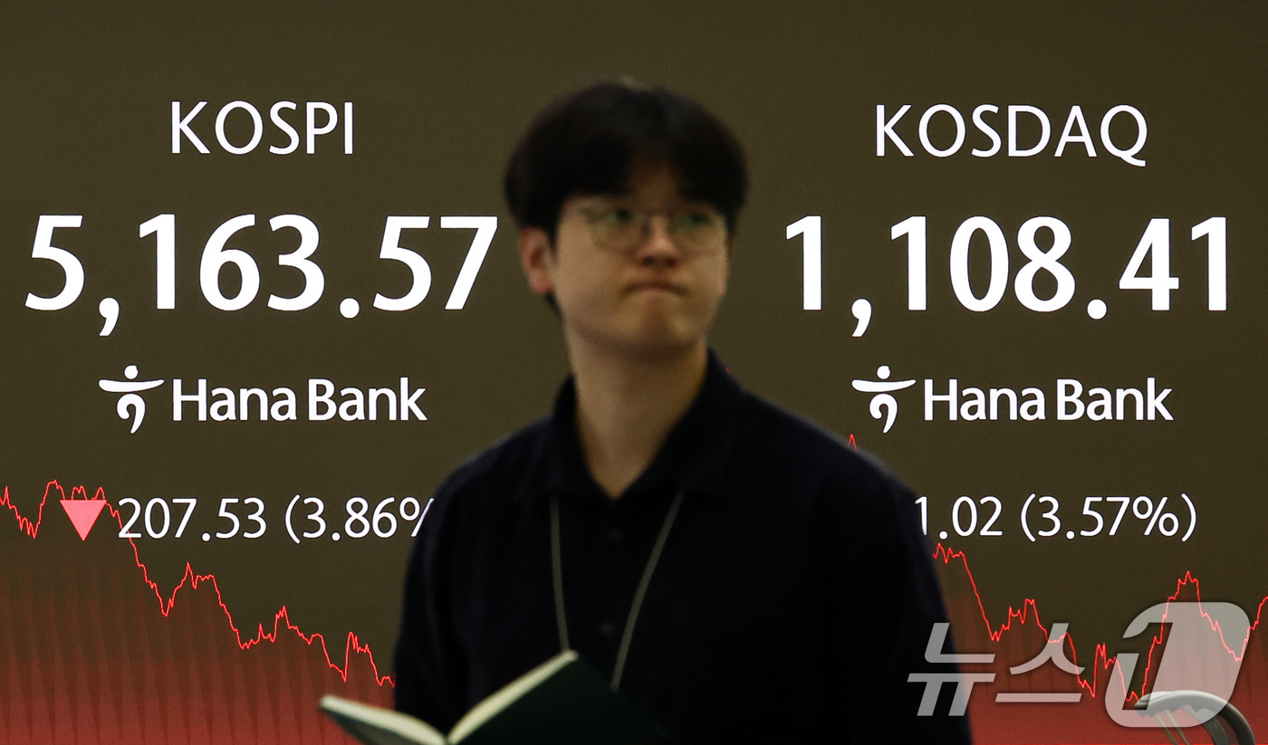 (서울=뉴스1) 최지환 기자 = 5일 서울 중구 하나은행 본점 딜링룸 전광판에 코스피 종가가 표시되어 있다. 이날 코스피는 전 거래일 대비 207.53포인트(3.86%) 하락한 5 …