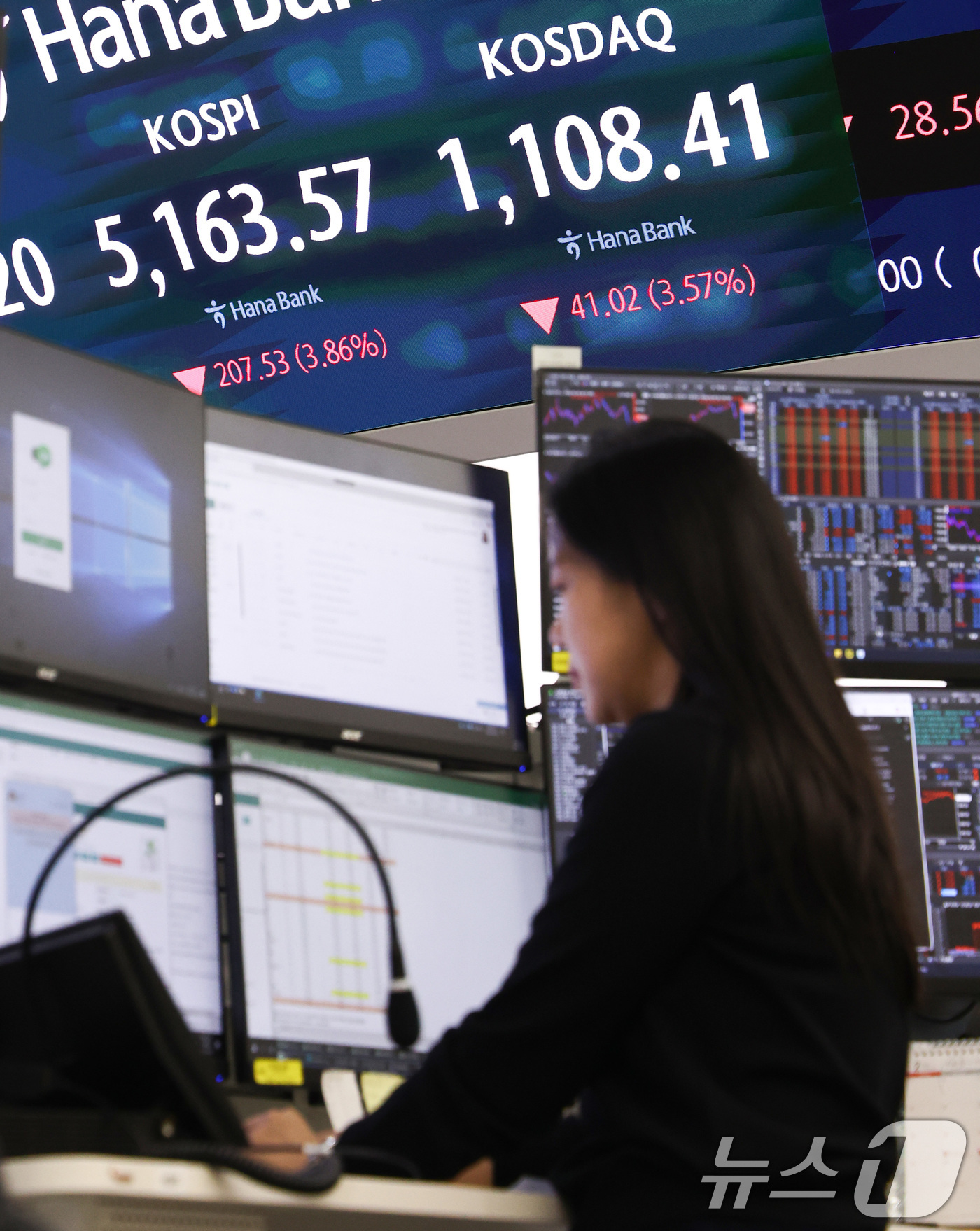 (서울=뉴스1) 최지환 기자 = 5일 서울 중구 하나은행 본점 딜링룸 전광판에 코스피 종가가 표시되어 있다. 이날 코스피는 전 거래일 대비 207.53포인트(3.86%) 하락한 5 …