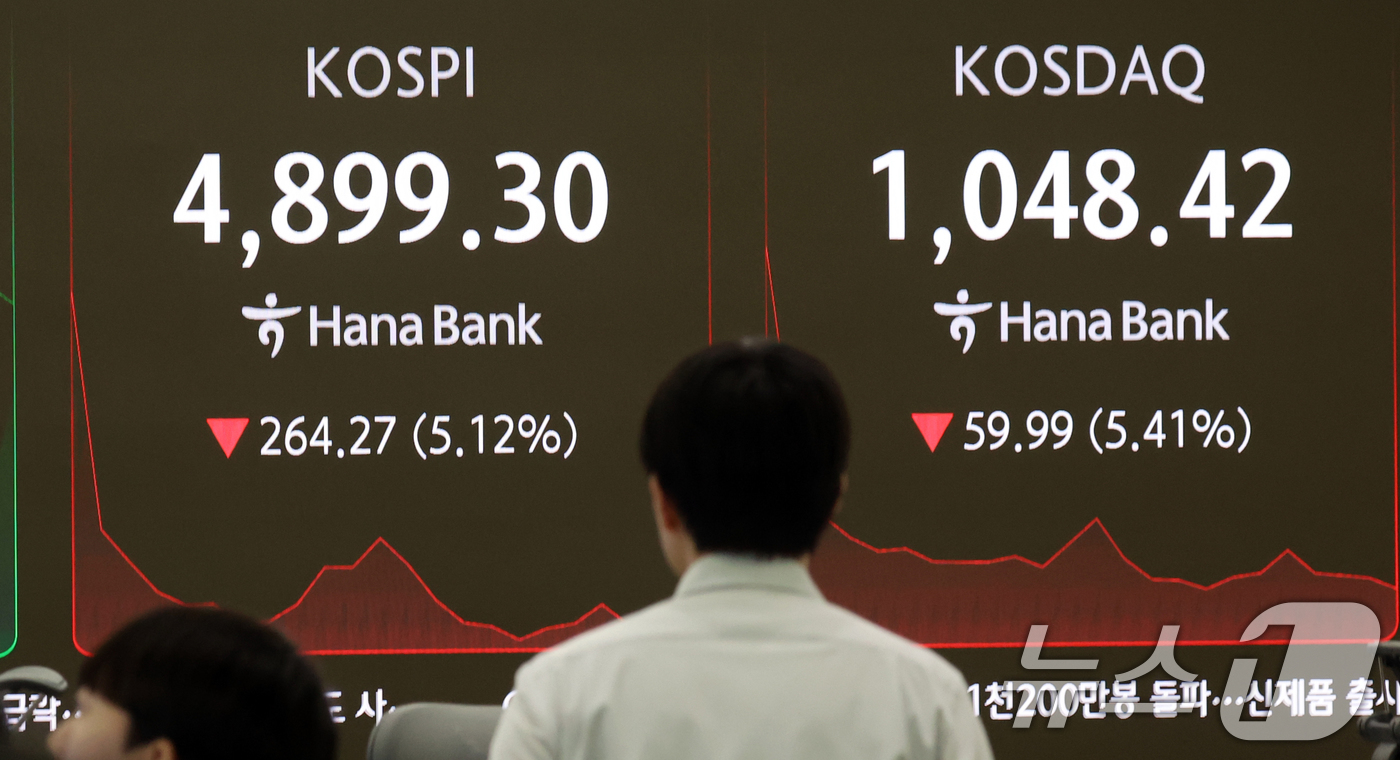 (서울=뉴스1) 김명섭 기자 = 6일 오전 서울 중구 하나은행 딜링룸 전광판에 코스피 지수가 4900선 하회로, 코스닥 지수가 1100선 아래로 보이고 있다. 이날 코스피는 장초반 …