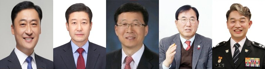 본문 이미지 - 김학관(청주시장), 노승일 정용근(충주시장), 정용근·임용환(괴산군수)./뉴스1