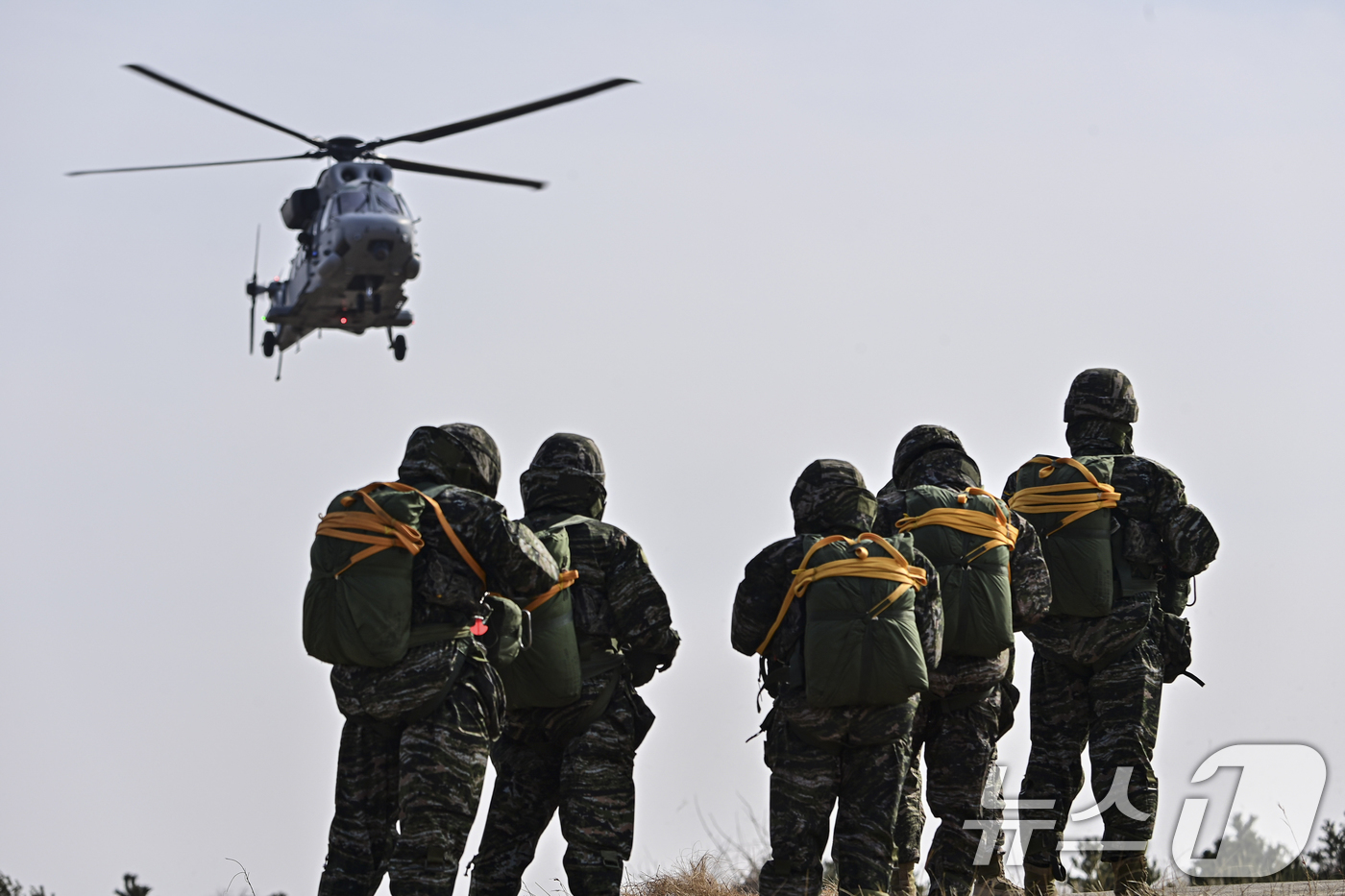 (포항=뉴스1) 최창호 기자 = 해병대 7여단 공정대대가 지난 5일 경북 포항시 북구에 있는 강하 훈련장에서 마린온헬기를 이용해 1500피트 상공에서 올해 첫 정기강하훈련을 하고 …