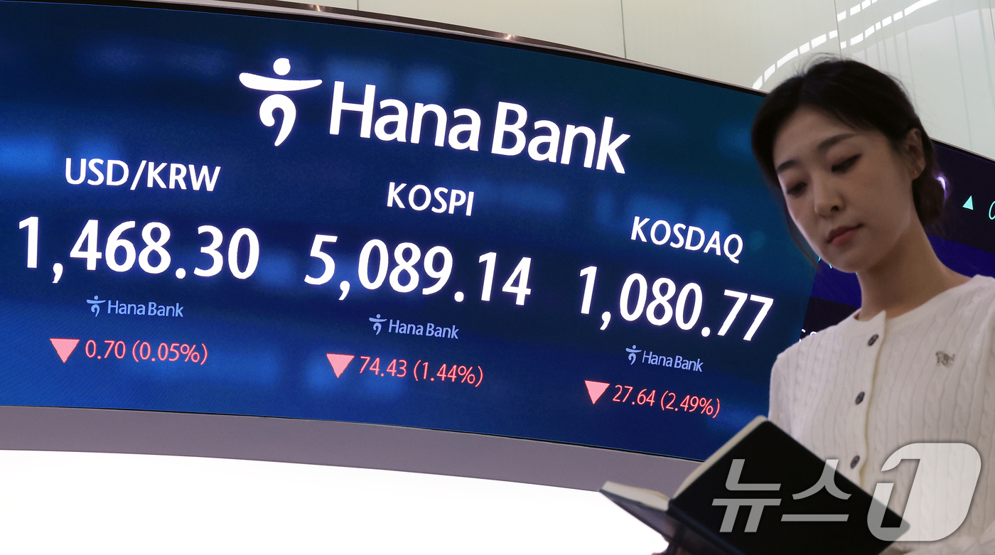 (서울=뉴스1) 이호윤 기자 = 6일 서울 중구 하나은행 본점 딜링룸 전광판에 코스피 종가가 표시돼 있다. 이날 코스피는 전 거래일 대비 74.43포인트(1.44%) 하락한 5,0 …