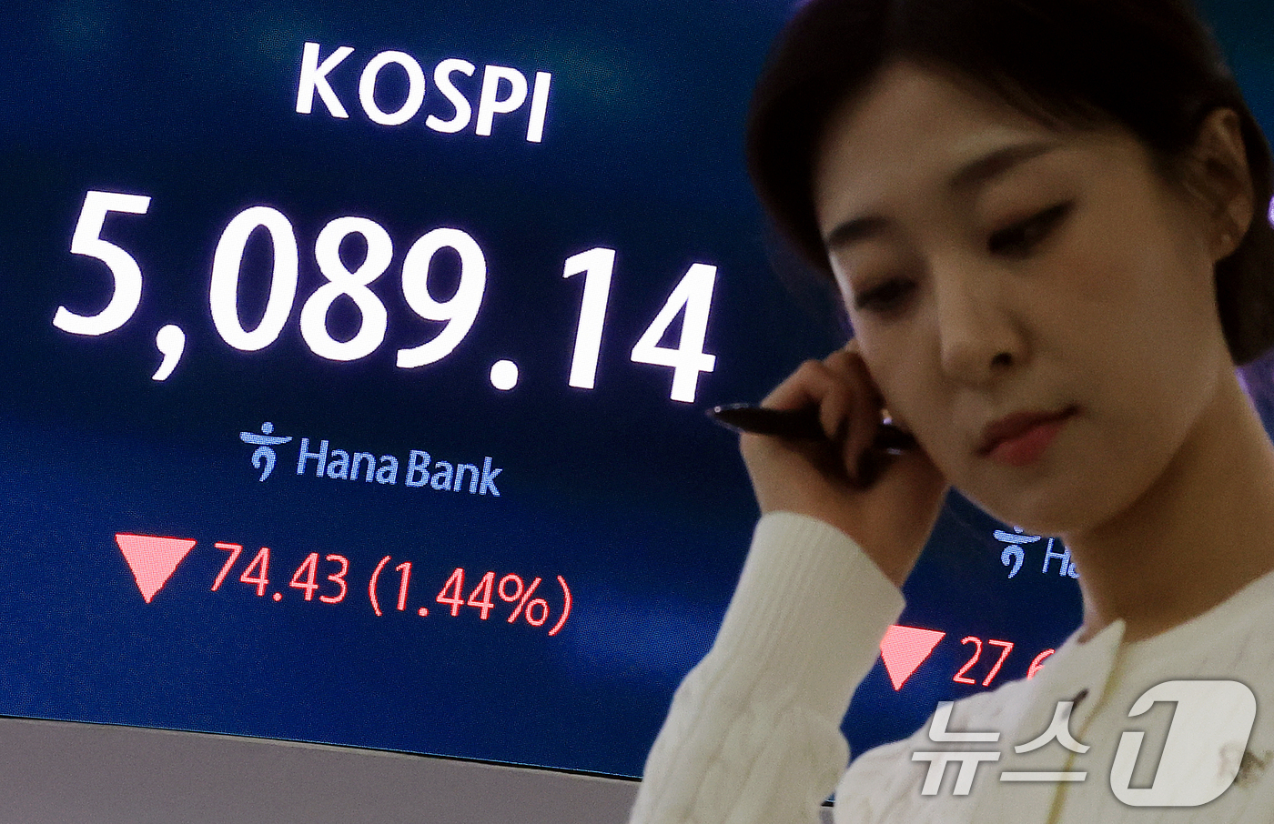 (서울=뉴스1) 이호윤 기자 = 6일 서울 중구 하나은행 본점 딜링룸 전광판에 코스피 종가가 표시돼 있다. 이날 코스피는 전 거래일 대비 74.43포인트(1.44%) 하락한 5,0 …