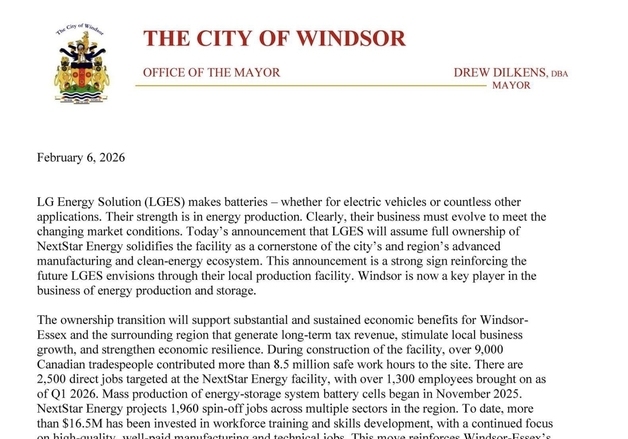 캐나다 윈저시장 "LG엔솔 넥스트스타 인수 환영…파트너십 감사"